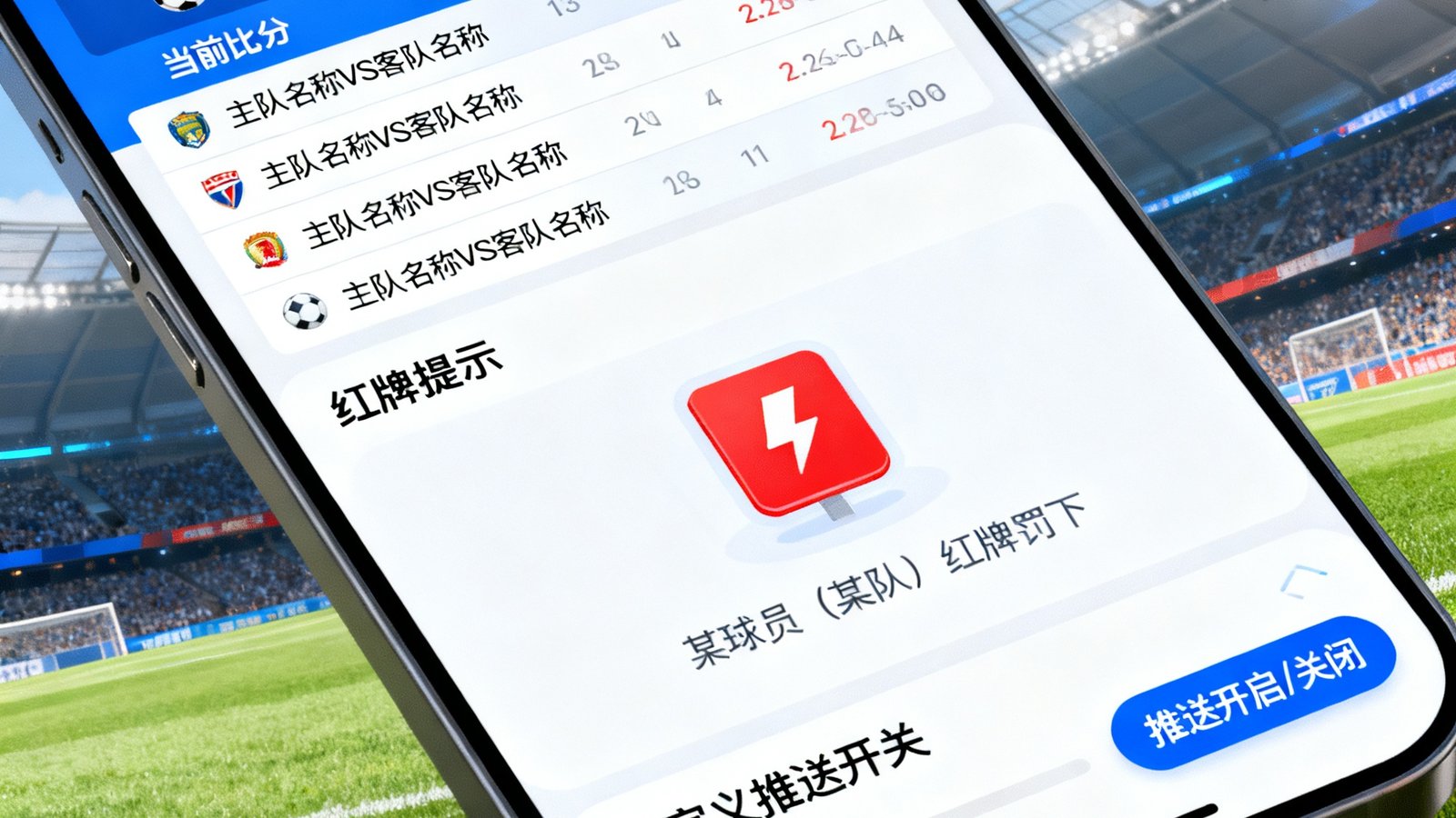 熊猫体育APP界面展示，包含实时足球比分、红牌提示和自定义推送开关