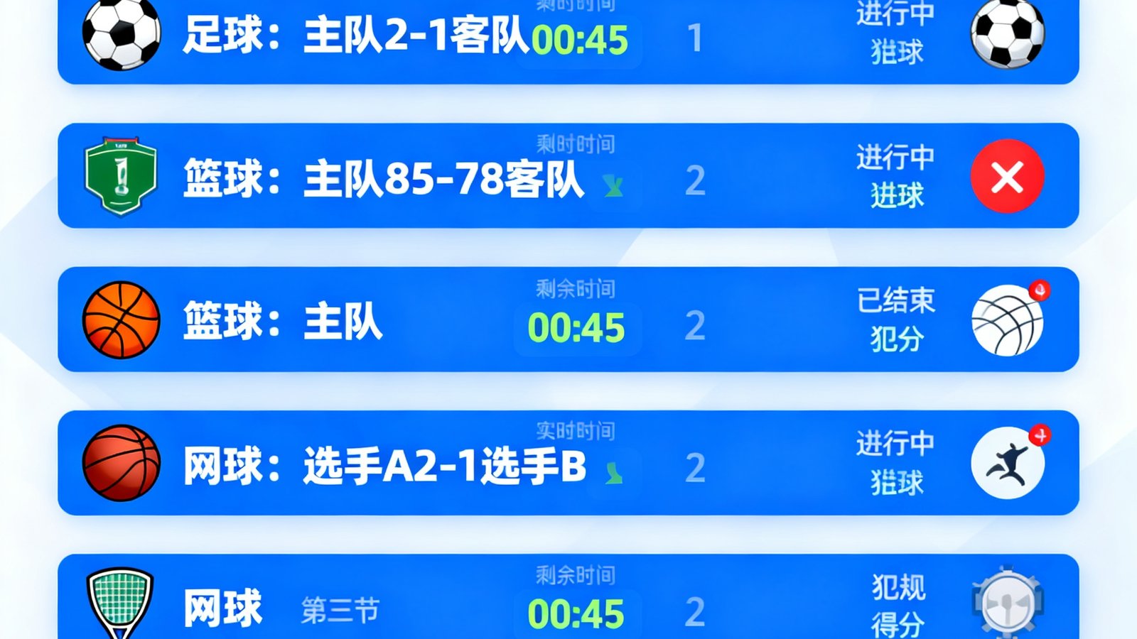 熊猫体育实时比分面板，同时显示足球、篮球、网球等多场比赛的比分、时间、状态及关键事件图标